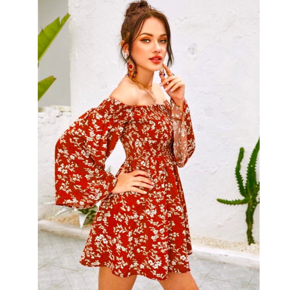 Shirred Bodice Bell Sleeve Off Shoulder Dress